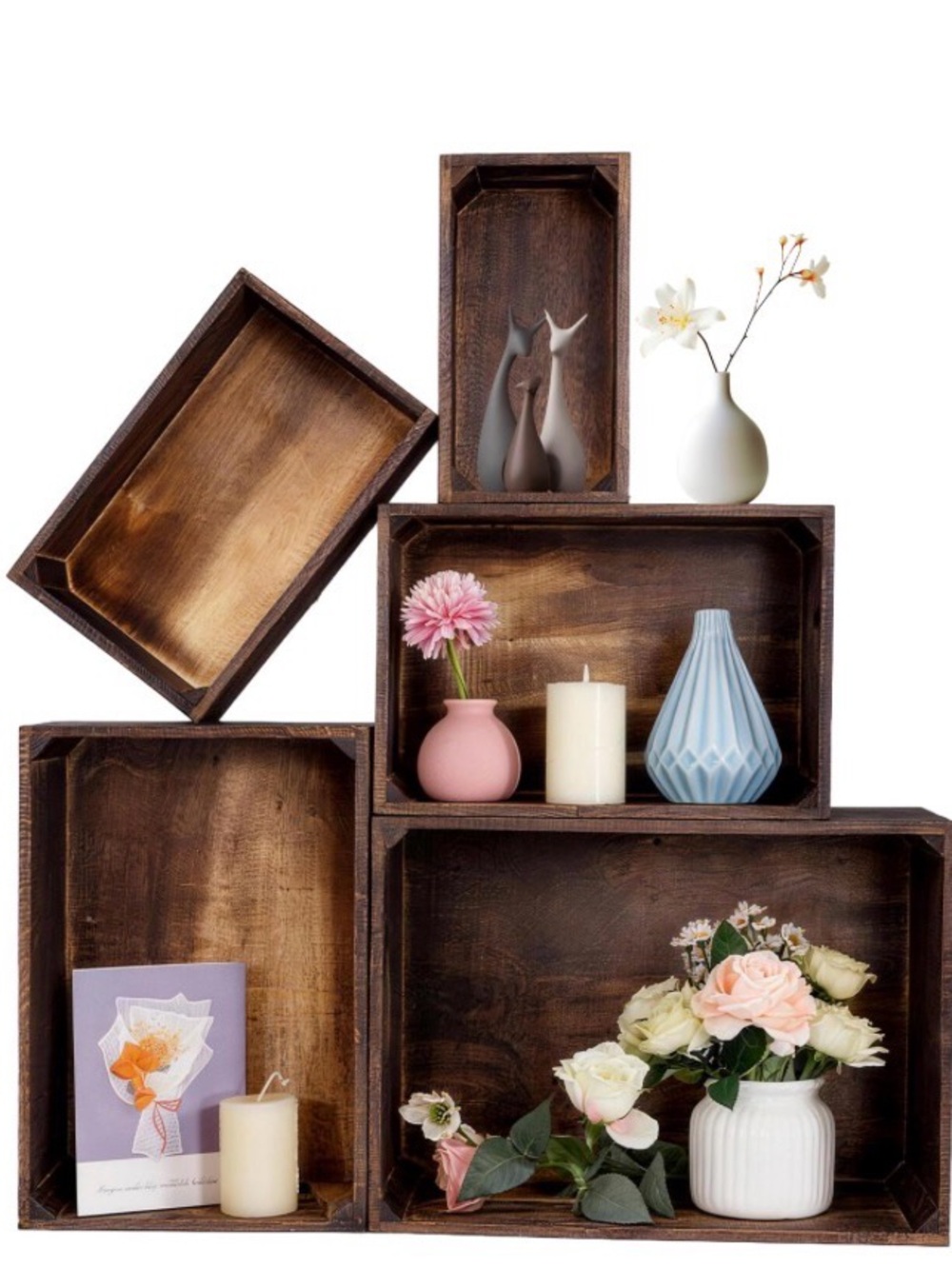 Rustic Wooden Crate Display Shelf - Brown